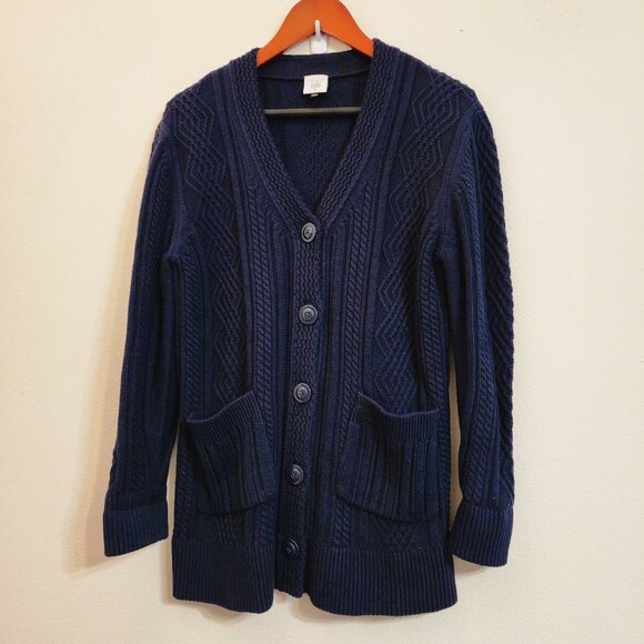 Cabi Cotton Blnd Cable Knit Cardigan Sweater Navy Blue Slat Fisherman Women M - Picture 2 of 16
